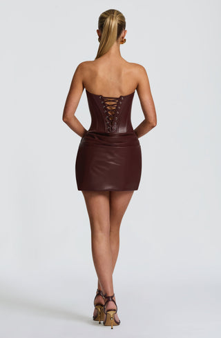 M.T Palmer Mini Dress Faux Leather Corset Bodice Burgundy