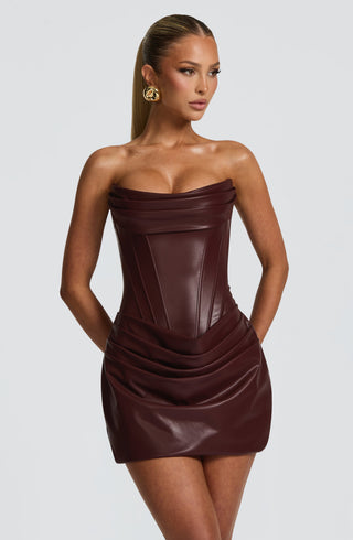 M.T Palmer Mini Dress Faux Leather Corset Bodice Burgundy