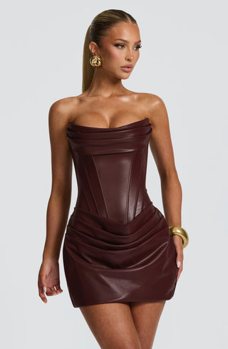 M.T Palmer Mini Dress Faux Leather Corset Bodice Burgundy