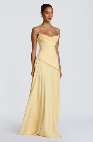 M.T Patricia Maxi Dress Chiffon Corset Bodice Lemon