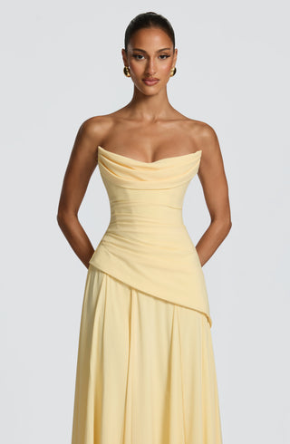 M.T Patricia Maxi Dress Chiffon Corset Bodice Lemon