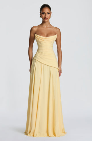 M.T Patricia Maxi Dress Chiffon Corset Bodice Lemon