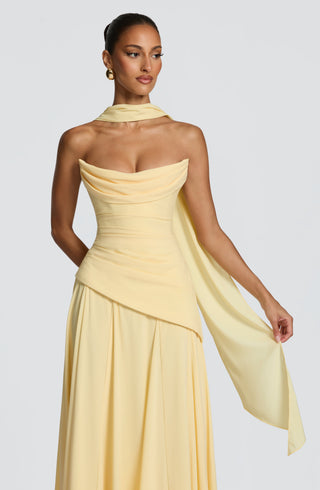 M.T Patricia Maxi Dress Chiffon Corset Bodice Lemon