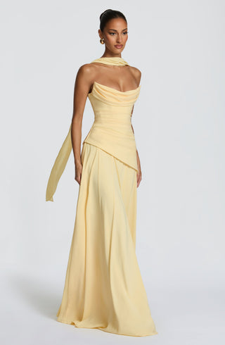 M.T Patricia Maxi Dress Chiffon Corset Bodice Lemon