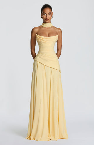 M.T Patricia Maxi Dress Chiffon Corset Bodice Lemon