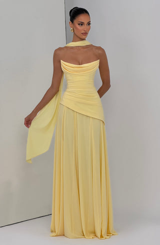 M.T Patricia Maxi Dress Chiffon Corset Bodice Lemon