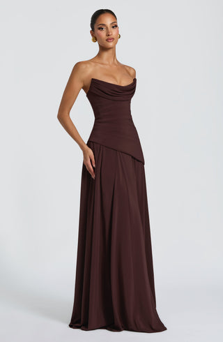 M.T Patricia Maxi Dress Chiffon Corset Bodice Plum Brown