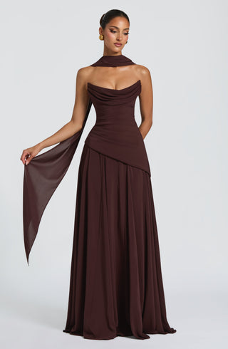 M.T Patricia Maxi Dress Chiffon Corset Bodice Plum Brown