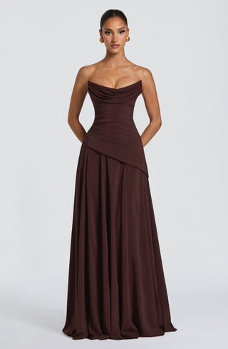 M.T Patricia Maxi Dress Chiffon Corset Bodice Plum Brown