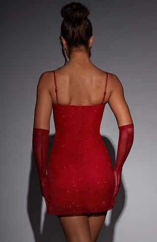 L.F Pixie Glove Elbow-Length Sparkle Mesh Stretch Red