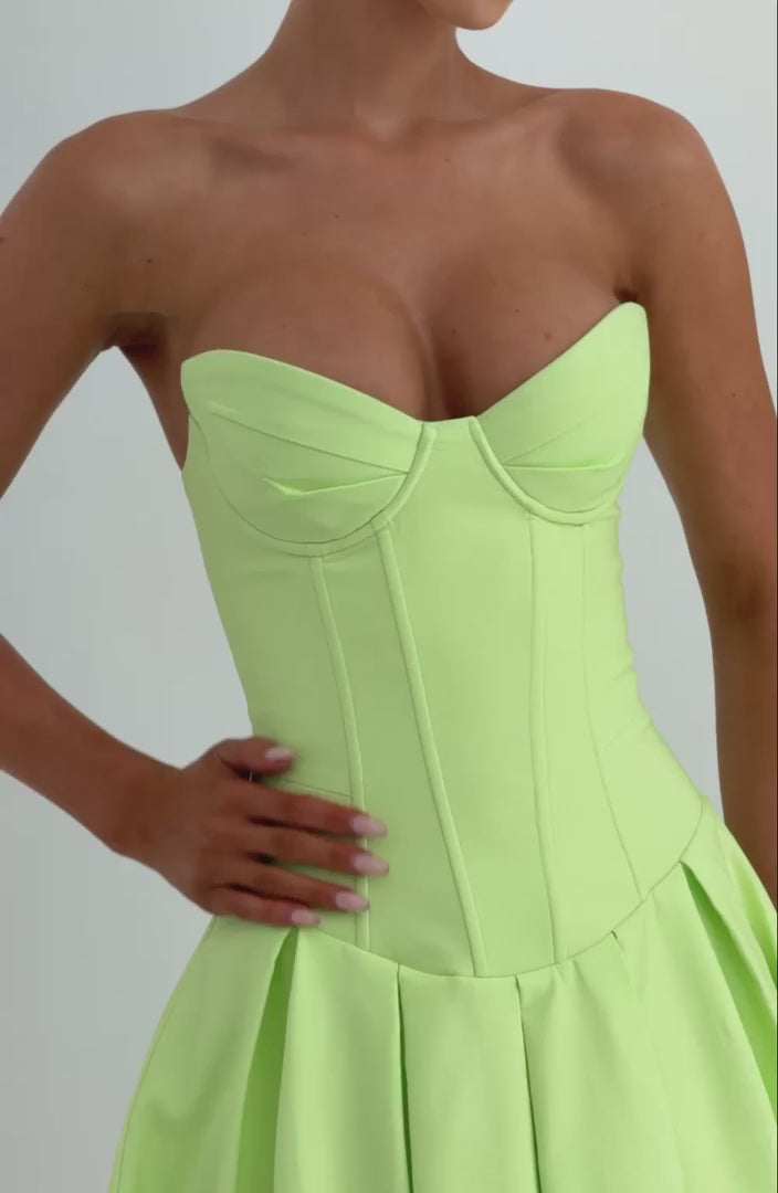R.F Salma Midi Dress Stretch Bengaline Strapless Lime