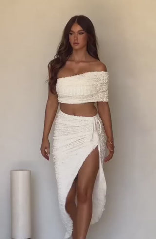 L.F Zina Midi Skirt Textured Stretch Asymmetric Hem Ivory