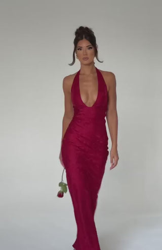 C.F Josephine Maxi Dress Floral Jacquard Halterneck Red