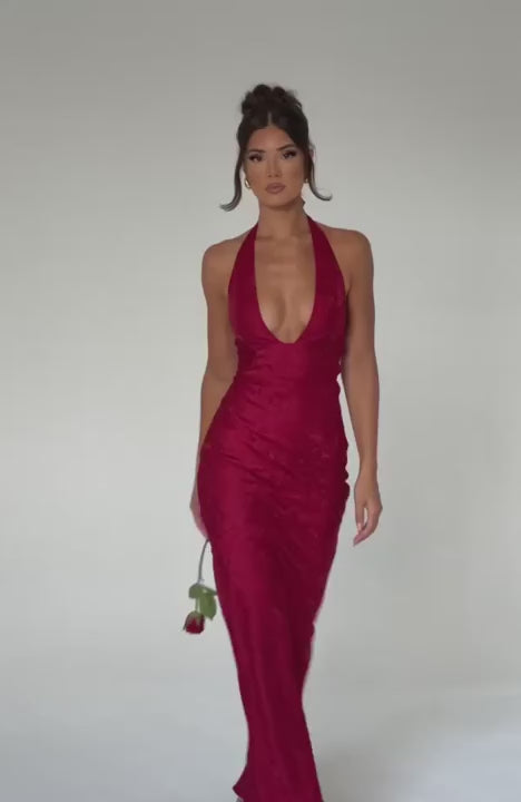 C.F Josephine Maxi Dress Floral Jacquard Halterneck Red