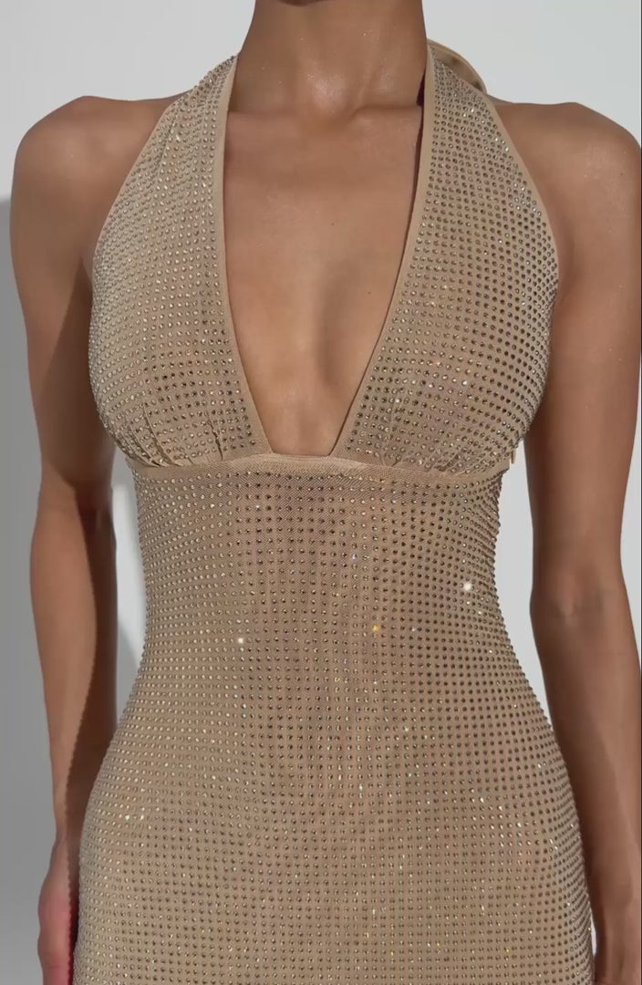 T.X Sonora Midi Dress Embellished With 39,000 Rhinestones Gold