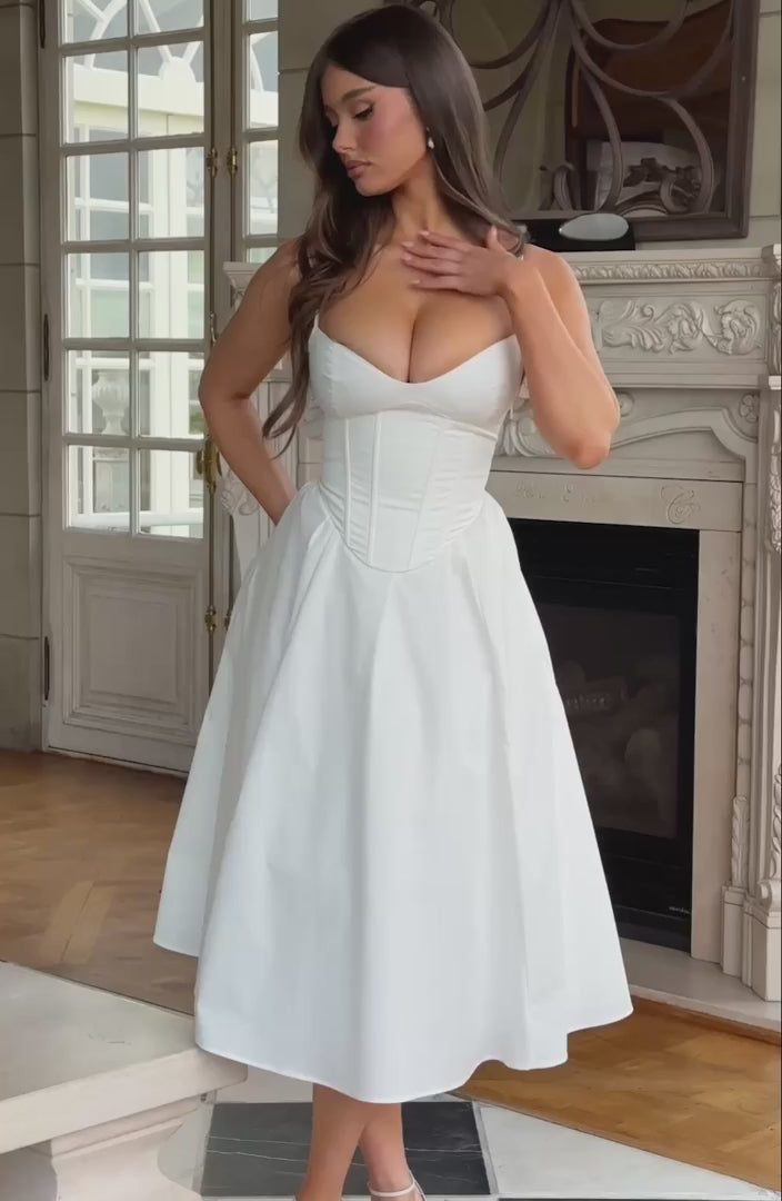 M.T Mariella Midi Dress Corseted Bodice Cotton Blend Ivory