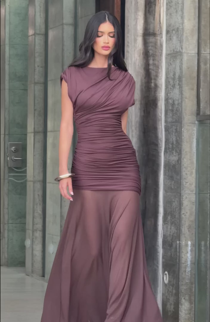 L.F Demelza Maxi Dress Modal Jersey Mesh Skirt Plum Brown