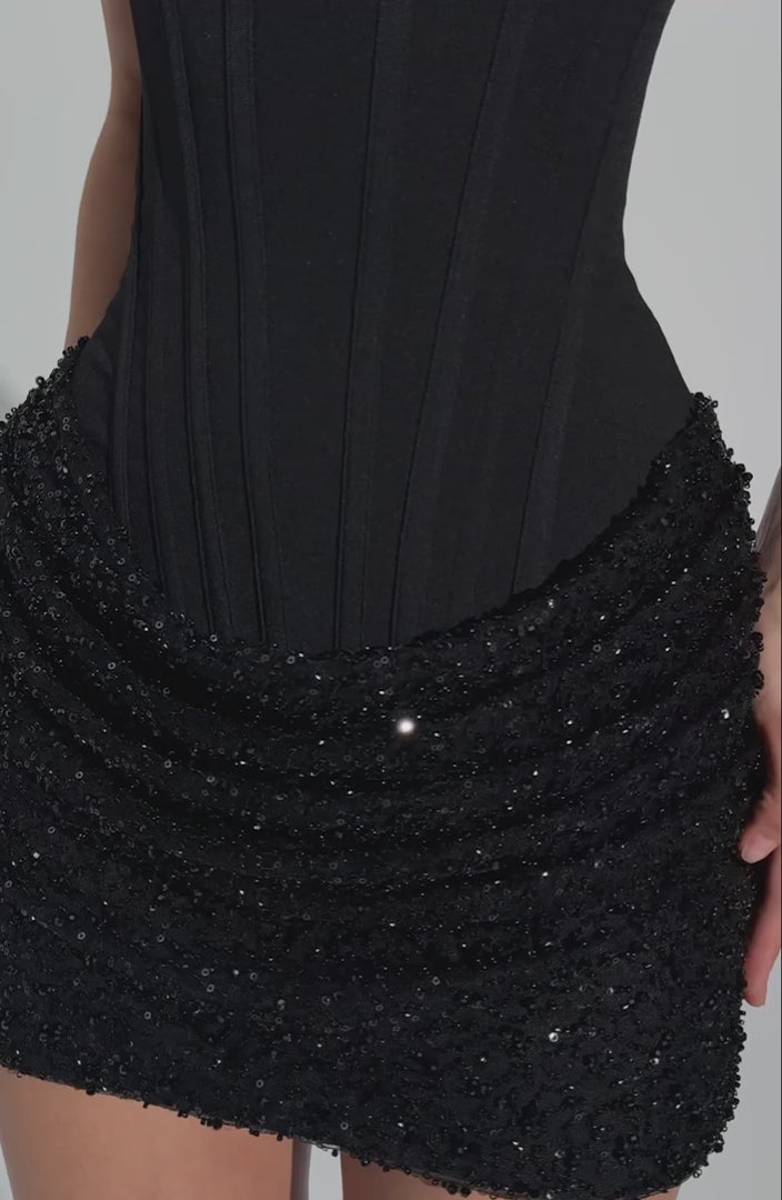 R.F Yeona Mini Dress Embellished Tulle Corset Bodice Black