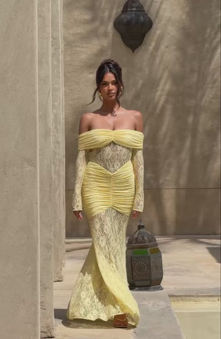 L.F Sauline Maxi Dress Stretch Jersey Lace Body-Hugging Lemon