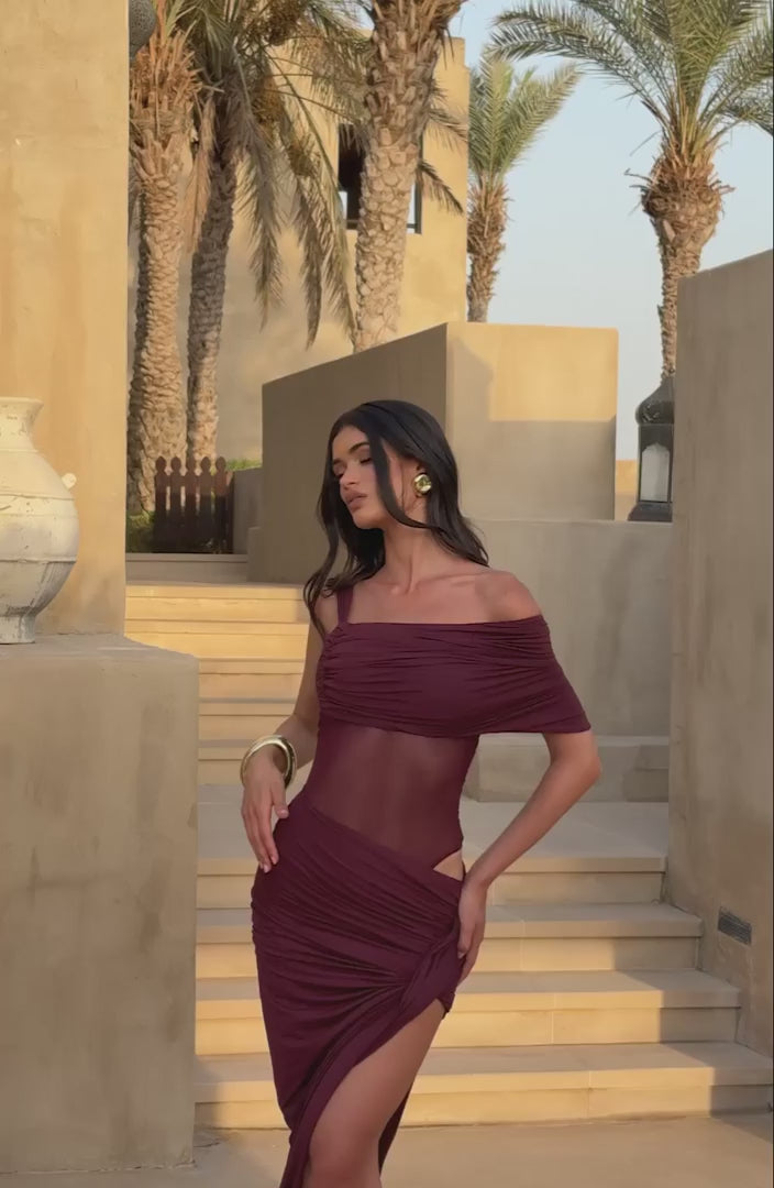 DIA Lisette Bodysuit Asymmetric Bardot Sheer Mesh Cherry Lacquer