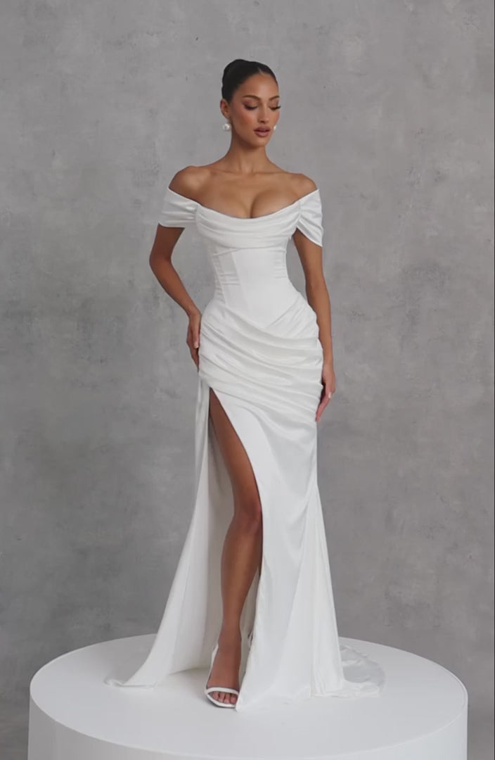 M.T Riona Satin Strapless Bardot Mermaid Gown Ivory