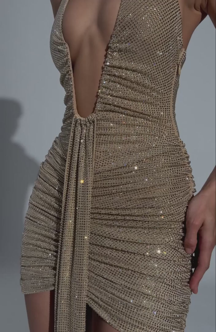 L.F Rosetta Mini Dress Gold Sparkle Embellished Halter