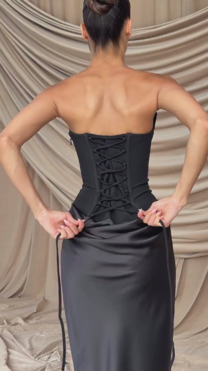 M.T Maggie Maxi Dress Crepe Bodice Satin Cowl Black