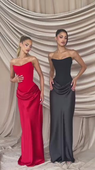 M.T Maggie Maxi Dress Crepe Bodice Satin Cowl Black