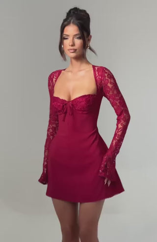 L.F Jacinta Mini Dress Floral Lace Long Sleeve Red