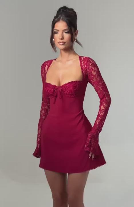 L.F Jacinta Mini Dress Floral Lace Long Sleeve Red