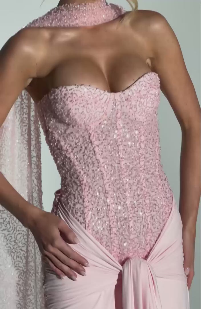 R.F Carina Maxi Dress Corset Embellished Mesh Bodice Blush