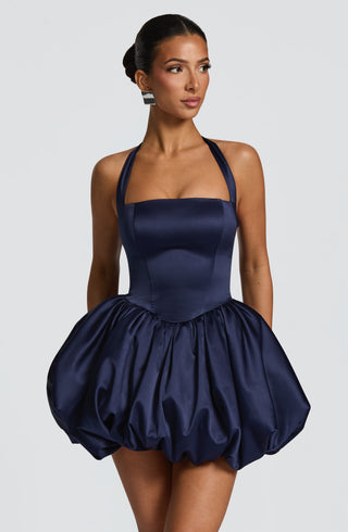R.F Prudence Mini Dress Satin Puffball Skirt Square Halter Navy