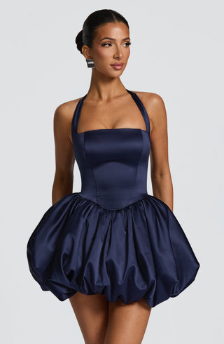 R.F Prudence Mini Dress Satin Puffball Skirt Square Halter Navy