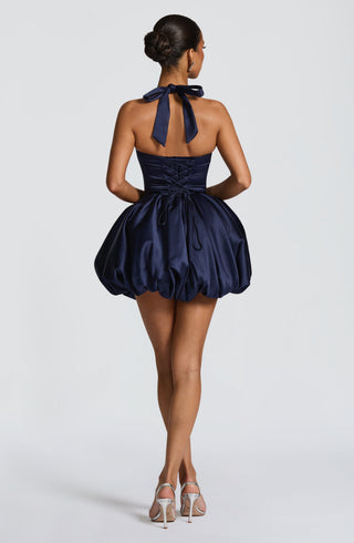R.F Prudence Mini Dress Satin Puffball Skirt Square Halter Navy