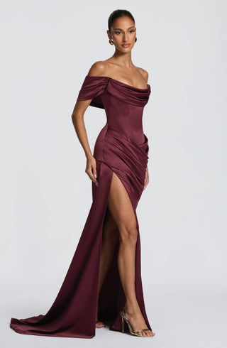 M.T Riona Gown Cherry Lacquer Satin Strapless Mermaid