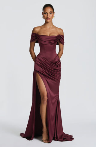 M.T Riona Gown Cherry Lacquer Satin Strapless Mermaid
