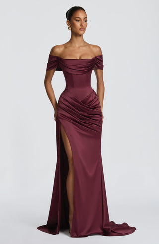 M.T Riona Gown Cherry Lacquer Satin Strapless Mermaid