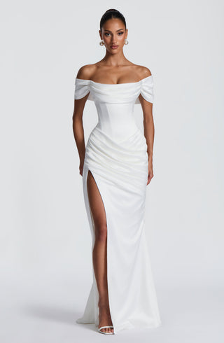 M.T Riona Satin Strapless Bardot Mermaid Gown Ivory
