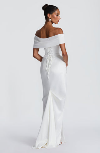 M.T Riona Satin Strapless Bardot Mermaid Gown Ivory