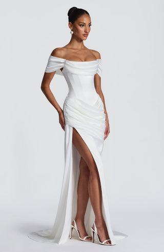 M.T Riona Satin Strapless Bardot Mermaid Gown Ivory