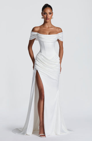 M.T Riona Satin Strapless Bardot Mermaid Gown Ivory