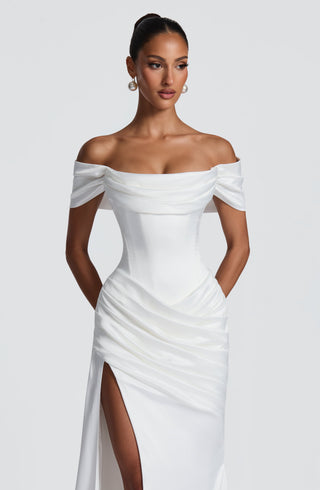 M.T Riona Satin Strapless Bardot Mermaid Gown Ivory