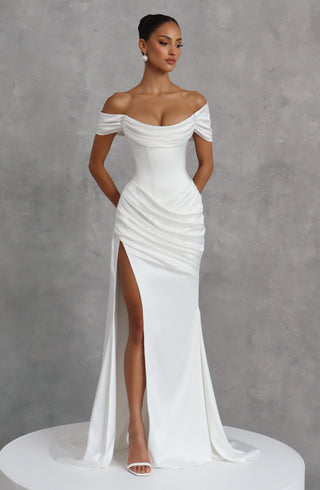 M.T Riona Satin Strapless Bardot Mermaid Gown Ivory