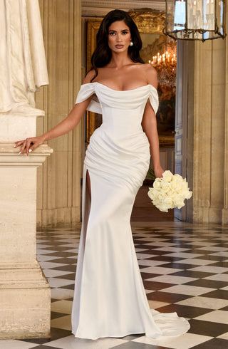 M.T Riona Satin Strapless Bardot Mermaid Gown Ivory