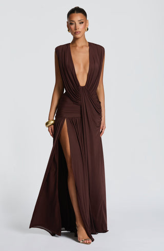 R.F Romilly Gown Maxi Dress Mesh Cowl Neck Plum Brown