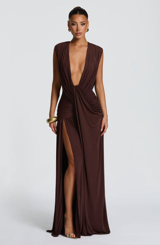 R.F Romilly Gown Maxi Dress Mesh Cowl Neck Plum Brown
