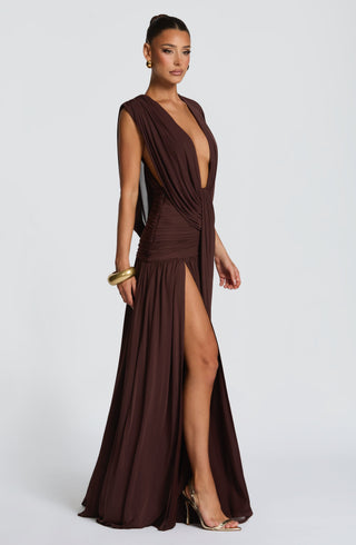 R.F Romilly Gown Maxi Dress Mesh Cowl Neck Plum Brown