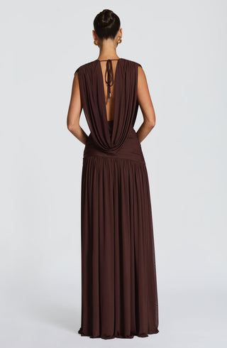 R.F Romilly Gown Maxi Dress Mesh Cowl Neck Plum Brown