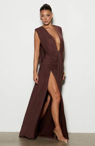 R.F Romilly Gown Maxi Dress Mesh Cowl Neck Plum Brown