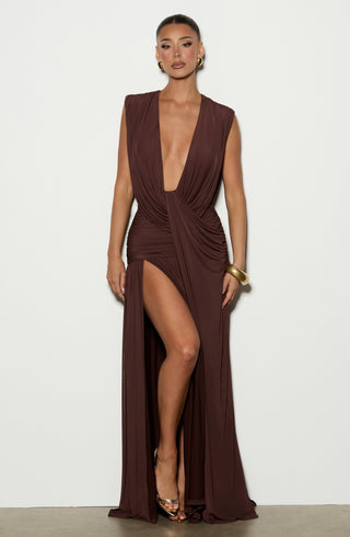 R.F Romilly Gown Maxi Dress Mesh Cowl Neck Plum Brown